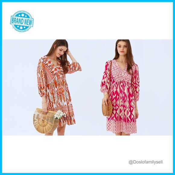 V-Neck Flowy Boho Mini Dress 3/4 Sleeve Ruffle Detail Loose Fit Casual - Picture 6 of 7